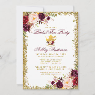 Bridal Tee Party Gold Glitzer Burgundy Einladung