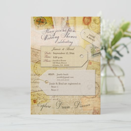 Bridal Travel Showthema in Kakao und Creme Invi Einladung (Stehend Vorderseite)