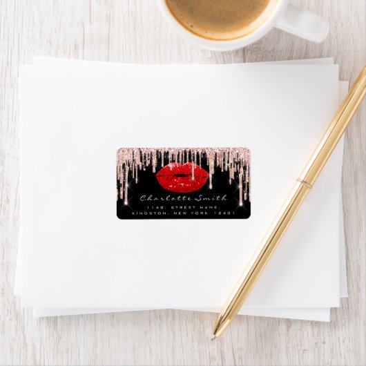 Bridal UAWG Kiss Rose Lips Black RedGlitter Makeup Adressaufkleber (Insitu)