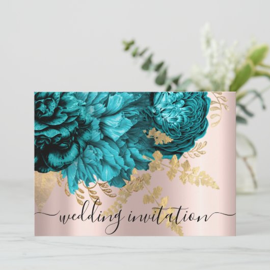 Bridal Wedding Aquamarin Blue Gold Rose Peony Einladung (Stehend Vorderseite)