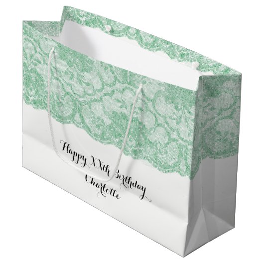 Bridal Wedding Birthday Mint Green Floral Lace Große Geschenktüte (Vorderseite Schrägansicht)