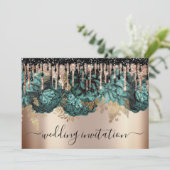 Bridal Wedding Event Rose Blue Aquamarin Tropfens  Einladung (Stehend Vorderseite)