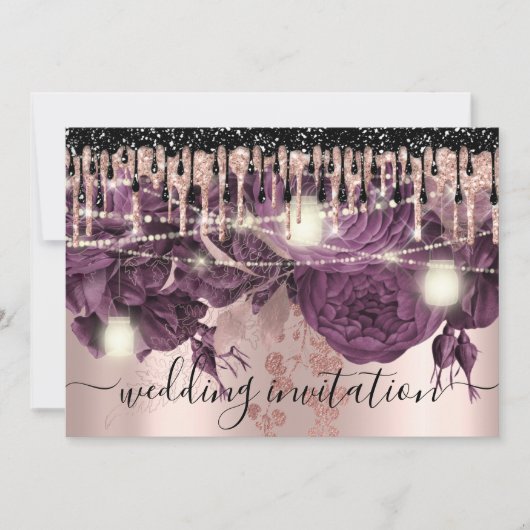 Bridal Wedding Rose Glitzer Tropfen Lila Berry Einladung (Vorderseite)