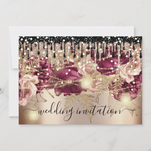 Bridal Wedding Rose Tropfen Pink Marsala Lights Go Einladung (Vorderseite)