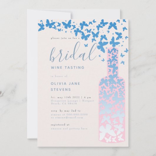 Bridal Wine Party Dusty Blue Pink Butterflies Boho Einladung (Vorderseite)