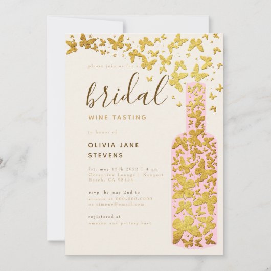 Bridal Wine Party Rosa Flasche Gold Schmetterlinge Einladung (Vorderseite)