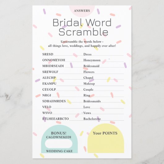 Bridal Word Scramble-Antworttaste (Vorderseite)