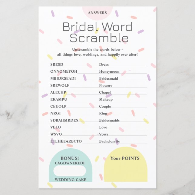 Bridal Word Scramble-Antworttaste (Vorderseite)