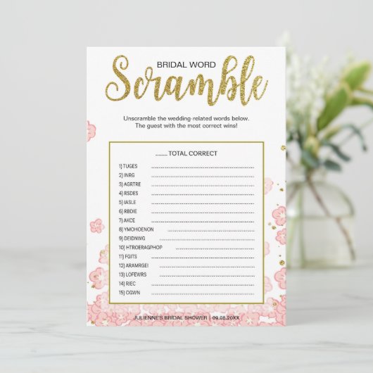 Bridal Word Scramble Game | Rosa und goldener Glit (Stehend Vorderseite)