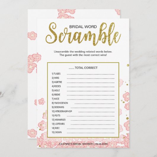 Bridal Word Scramble Game | Rosa und goldener Glit (Vorne/Hinten)