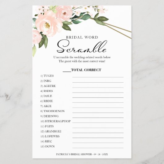 Bridal Word Scramble Spiel Rosa Blumenspiel Flyer (Vorne)