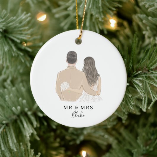 Bride and Groom Illustration Keramik Ornament (Baum)