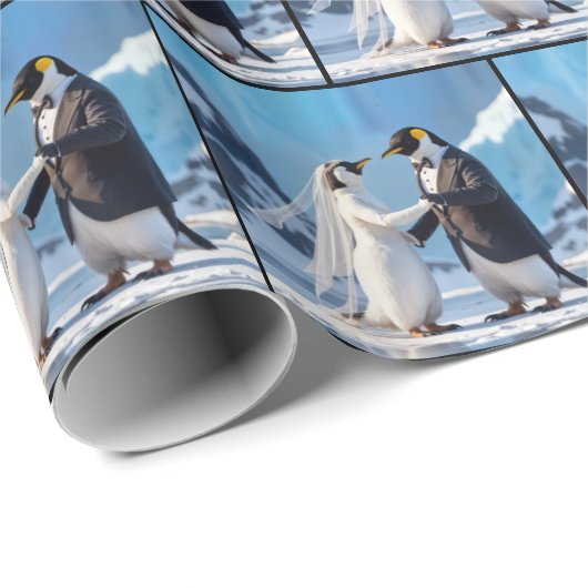 Bride and Groom Penguins Dancing On Ice Geschenkpapier (Rolleneckpunkt)