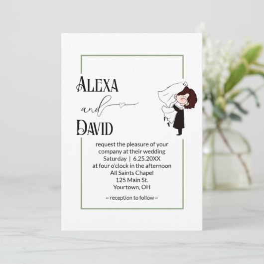 Bride and Groom with Sage Green Border Einladung (Stehend Vorderseite)