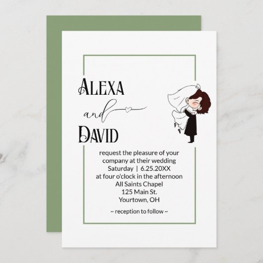 Bride and Groom with Sage Green Border Einladung (Vorne/Hinten)