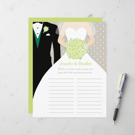 Bride Brautparty Word Game grün posantes Kleid (Vorderseite/Rückseite Beispiel)