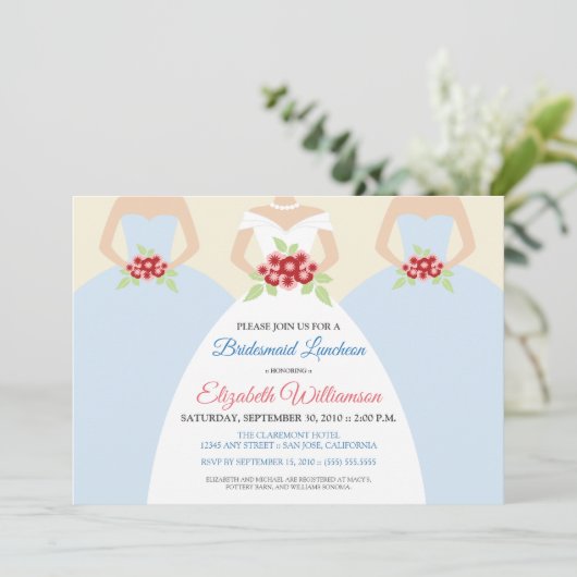 Bride & Bridesmaids Bridal Luncheon Invite (blau) Einladung (Stehend Vorderseite)