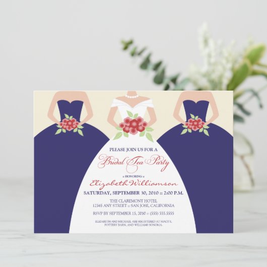 Bride & Bridesmaids Bridal Tea Party (Marine) Einladung (Stehend Vorderseite)