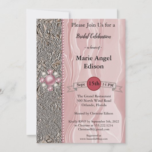 Bride Celebration Foil & Dusty Rose Seide, Perlen Einladung (Vorderseite)