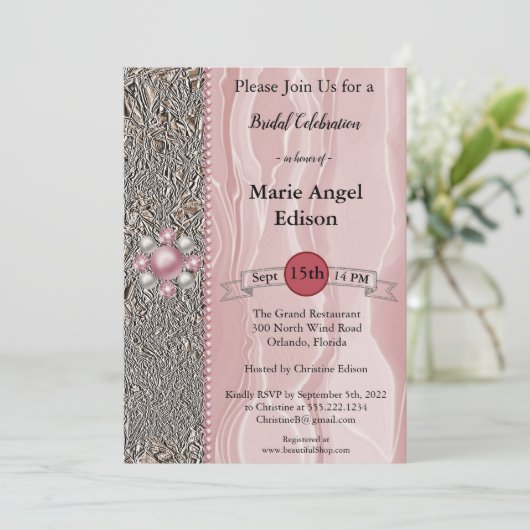 Bride Celebration Foil & Dusty Rose Seide, Perlen  Einladung (Stehend Vorderseite)
