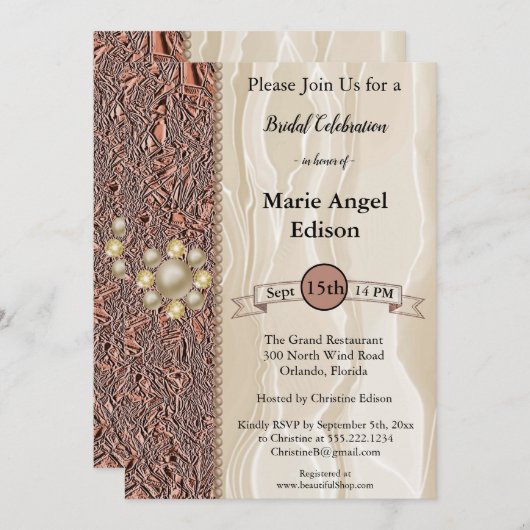Bride Celebration Kupfer Foil, Cream Silk & Pearls Einladung (Vorne/Hinten)