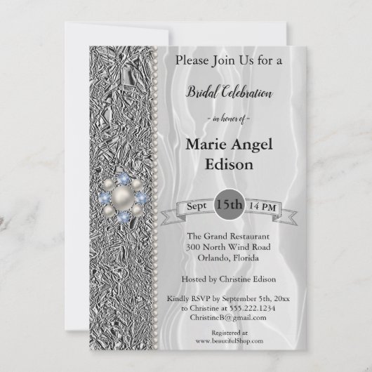 Bride Celebration Silver Foil, White Silk & Pearls Einladung (Vorderseite)