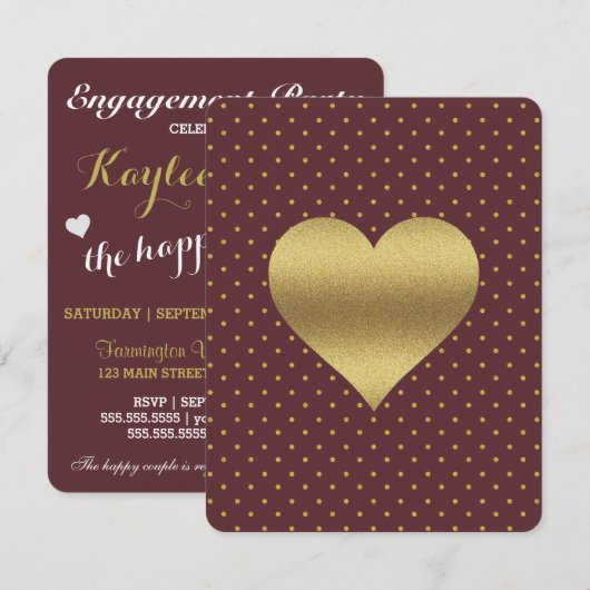 BRIDE CO Burgund und Gold Heart Polka Dot Party Einladung (Vorne/Hinten)