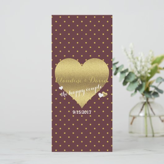 BRIDE & CO Burgundy Gold Polka Dot Wedding Party Programm (Stehend Vorderseite)