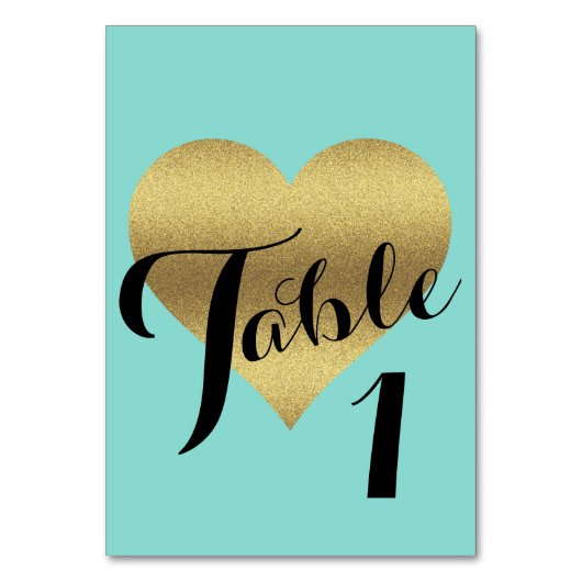 Bride & Co Gold Herz Aquamarin Blue Dusche Party Tischnummer (Vorderseite)
