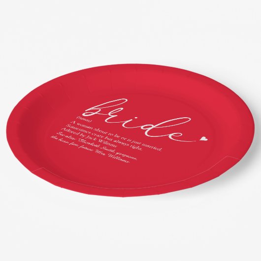 Bride Definition Brautparty Chic Script Red Pappteller (Schrägansicht)