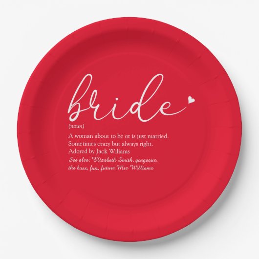 Bride Definition Brautparty Chic Script Red Pappteller (Vorderseite)