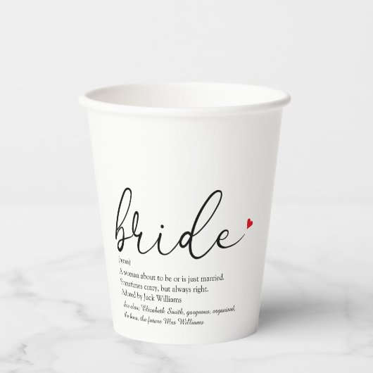 Bride Definition Brautparty Script Modern Pappbecher (Vorderseite)