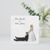 Bride Dragging The Groom Wedding Humor Einladung (Stehend Vorderseite)