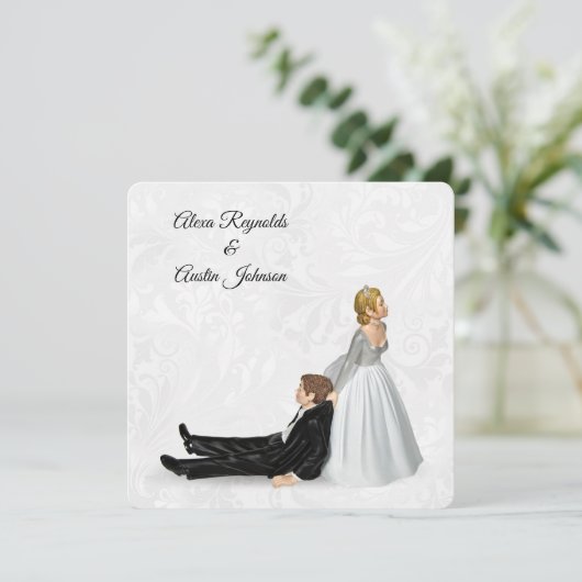 Bride Dragging The Groom Wedding Humor Einladung (Stehend Vorderseite)