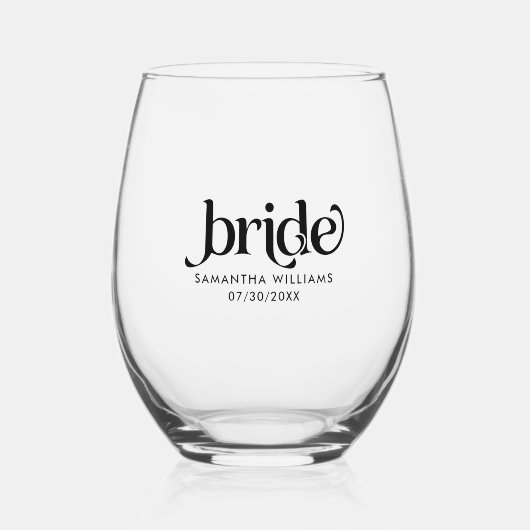 Bride Elegant Black Retro Typografie Weinglas Ohne Stiel (Vorderseite)