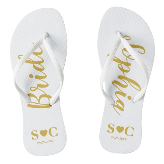 Bride Flip Flops für Hochzeit, Bachelorette | Gold Badesandalen (Fußbett)