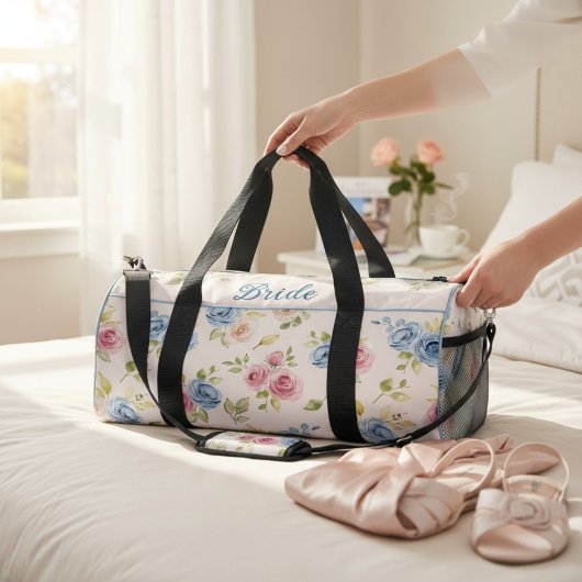 Bride Floral Pink Blue Watercolor Wedding  Duffle Bag