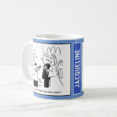 Bride Frage, die kleine Printwerbung zu lesen. Kaffeetasse (Vorderseite Links)