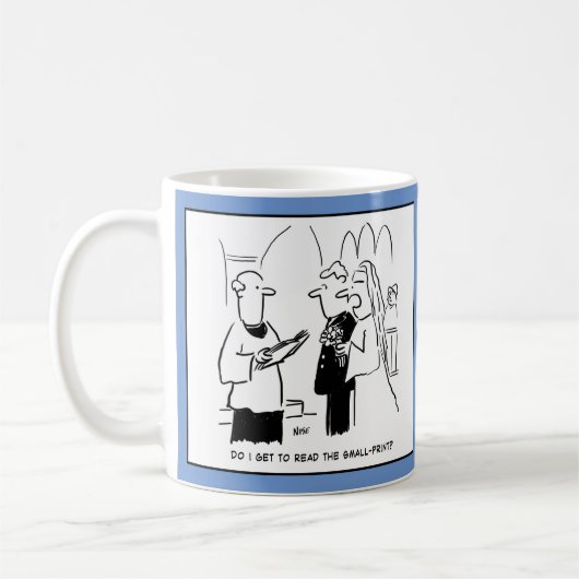 Bride Frage, die kleine Printwerbung zu lesen. Kaffeetasse (Links)