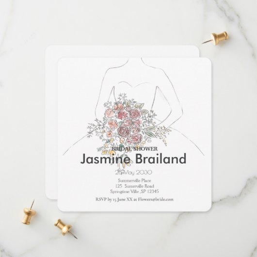 Bride Gown mit floral Bouquet Brautparty Save The Date (Vorderseite/Rückseite Beispiel)