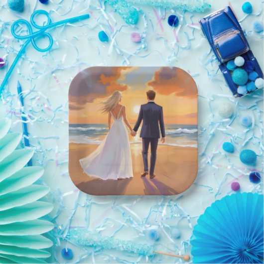 Bride & Groom Beach Wedding Watercolor Pappteller (Party)