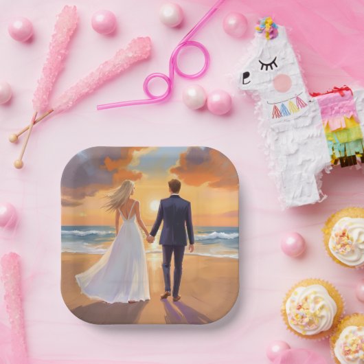 Bride & Groom Beach Wedding Watercolor Pappteller (Party)