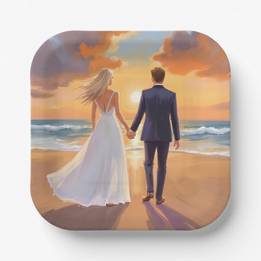 Bride & Groom Beach Wedding Watercolor Pappteller (Vorderseite)