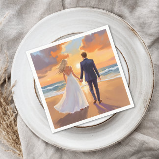 Bride & Groom Beach Wedding Watercolor Serviette
