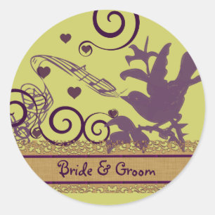 Bride & Groom Bird Swirl Lila & grüne Hochzeit Runder Aufkleber