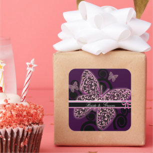 Bride Groom Butterflies Swirl Lila Schwarz-weiß Quadratischer Aufkleber