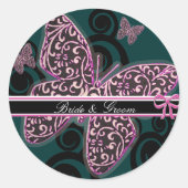 Bride Groom Butterflies Swirl Lila Schwarz-weiß Runder Aufkleber (Vorderseite)