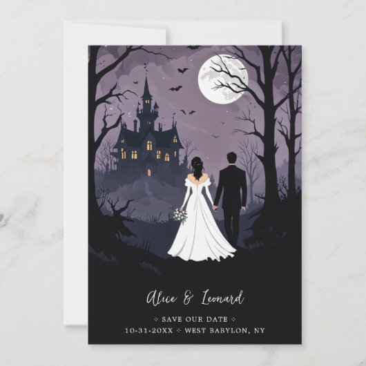 Bride & Groom Creepy Forest Walking Toward Castle Save The Date (Vorderseite)