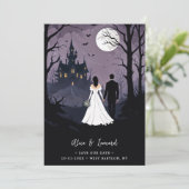 Bride & Groom Creepy Forest Walking Toward Castle Save The Date (Stehend Vorderseite)