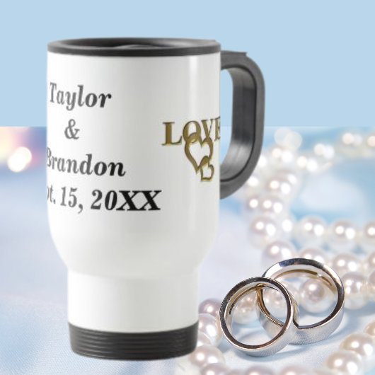 Bride & Groom Custom Name & Date Gold Love Hearts Reisebecher